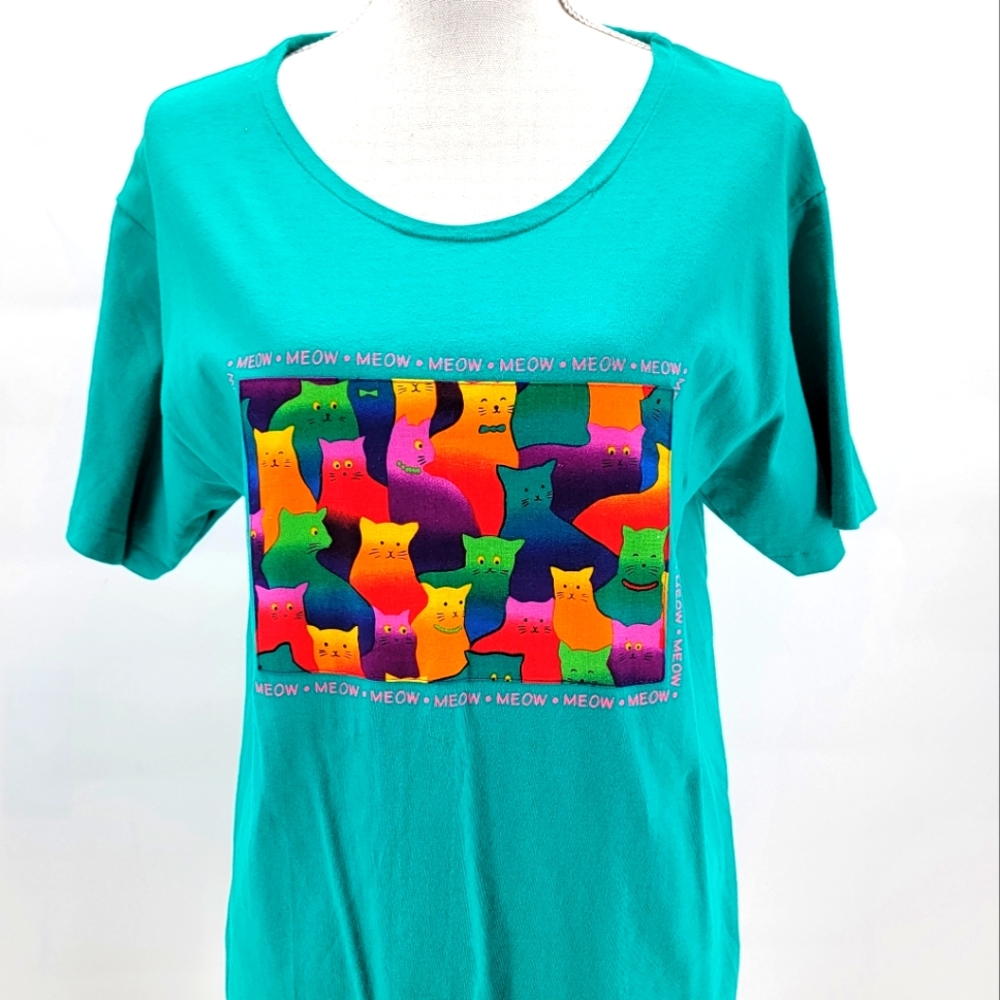 Vintage Single Stitch Linda Tilson Teal Graphic T Shirt Cats Meow Size Medium